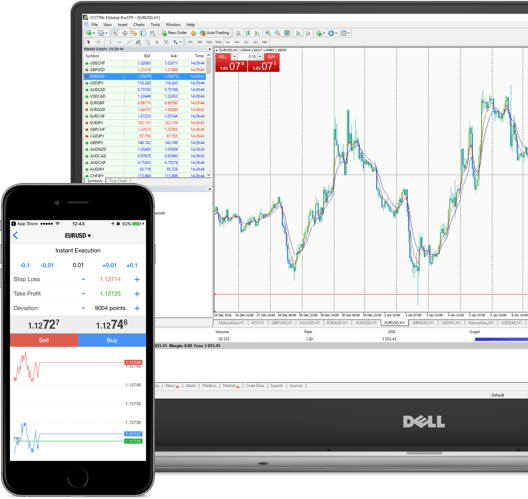 MetaTrader 4 platform displayed on phone and notebook