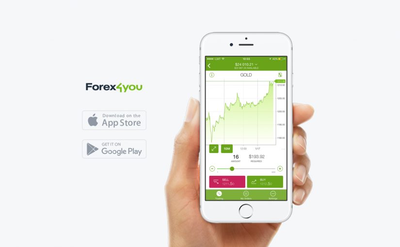 hand holding phone with Forex4you mobile app displayed on the screen, icons for download